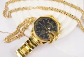 ت ساعت مچی مردانه طلایی صفحه مشکی مدل U700 + دستبند و گردنبند کارتیه رنگ طلایی ویژه.پرداخت در محل